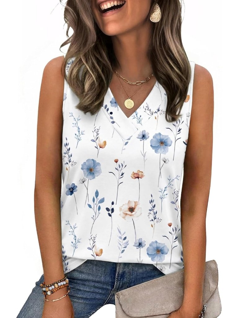 Women Spring Summer V Neck Blue Flower Loose Fit Sleeveless Tops Beach Vacation